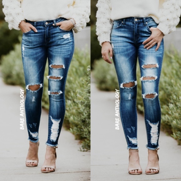 #46 Kancan Dark Wash distressed denim skinny Jeans - Picture 1 of 4